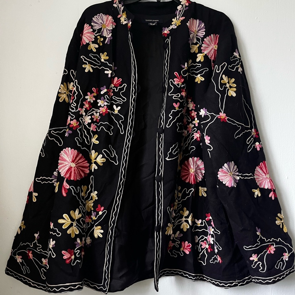 BOSTON PROPER black embroidered bomber jacket